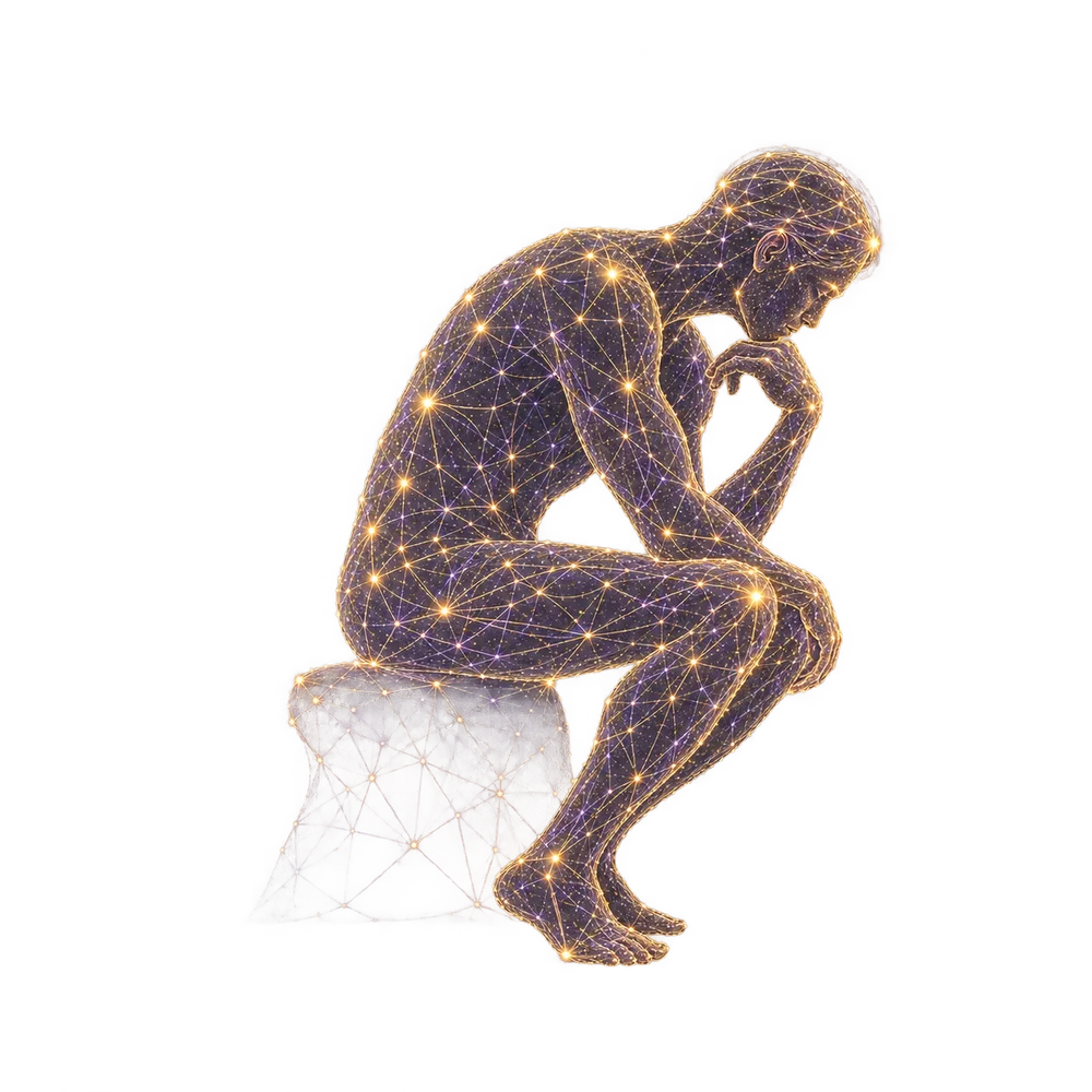A human figure made of gold constellation lines, leaning forward with chin resting on a hand and elbow on the knee.